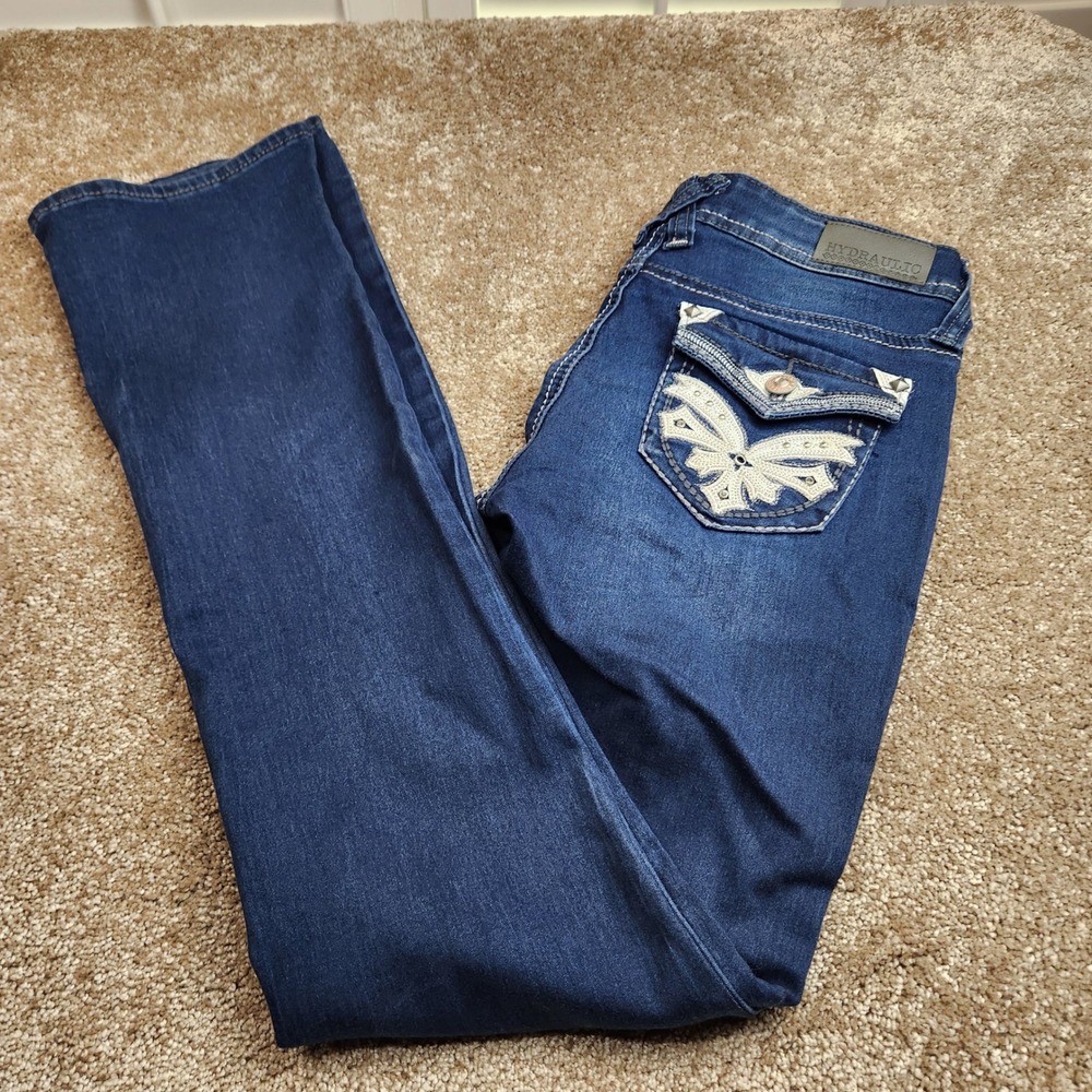 Hydraulic Lola Curvy Dark Wash Butterfly Embroidered Straight Leg Jeans Size 3/4
